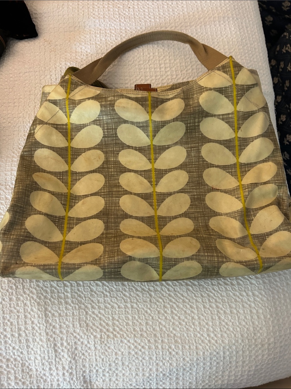 Orla Kiely plastic Tote Bag with Leaf Pattern - Yellow & Gray